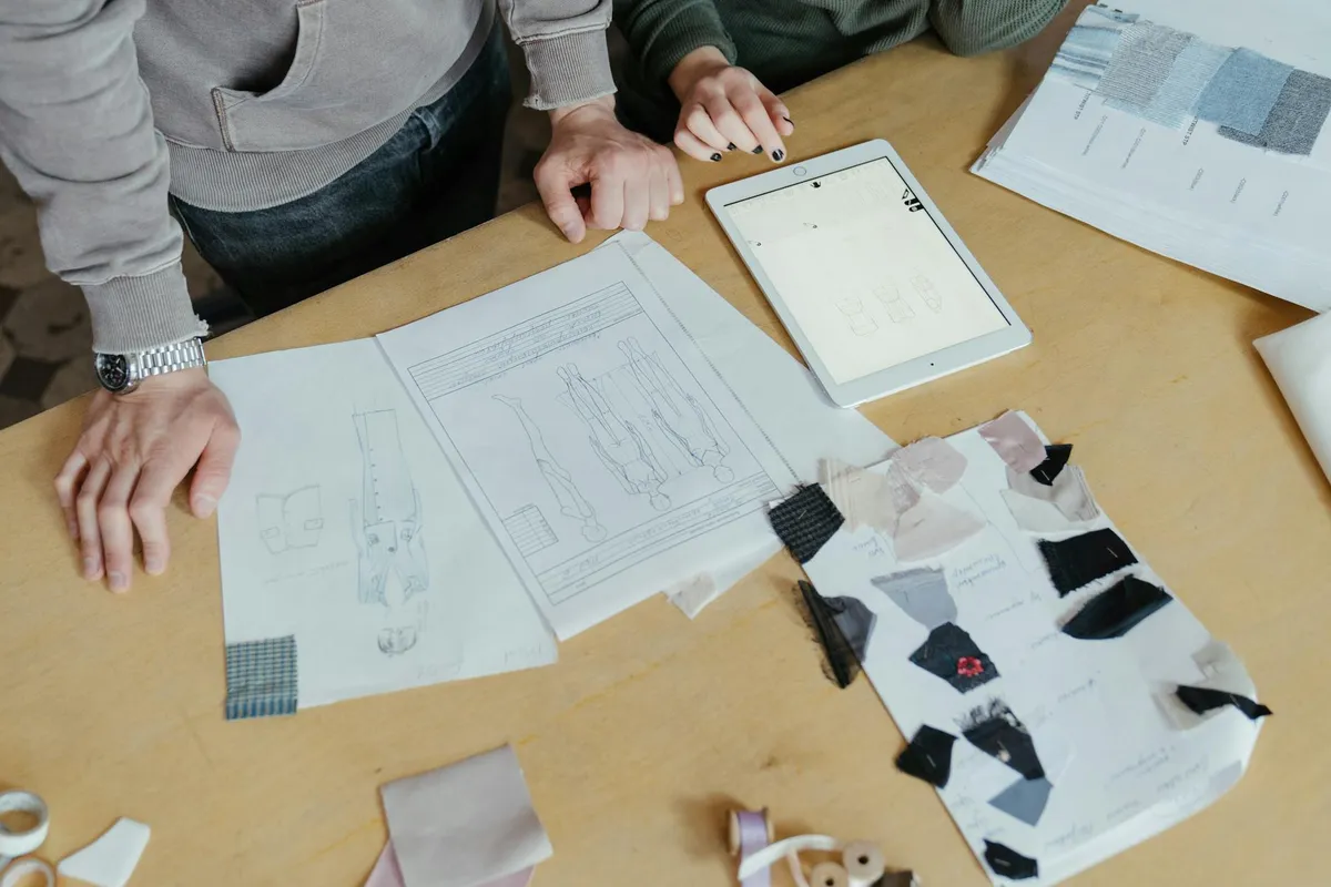Two people review fabric swatches and care documents on a wooden table, planning care for acetate-wool blend fabrics.