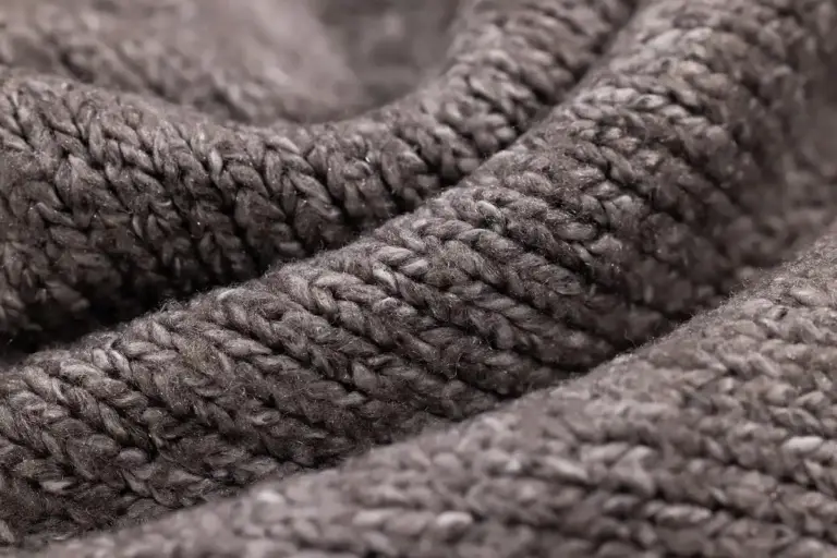 Close-up of brown wool fabric showing a chunky, textured knit.