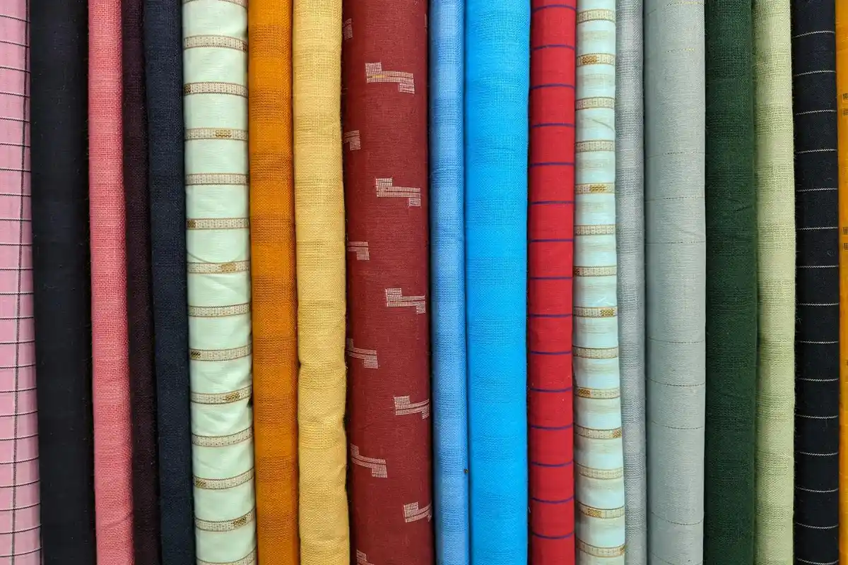 Rows of colorful fabric bolts standing upright, showcasing a rainbow of textile options.