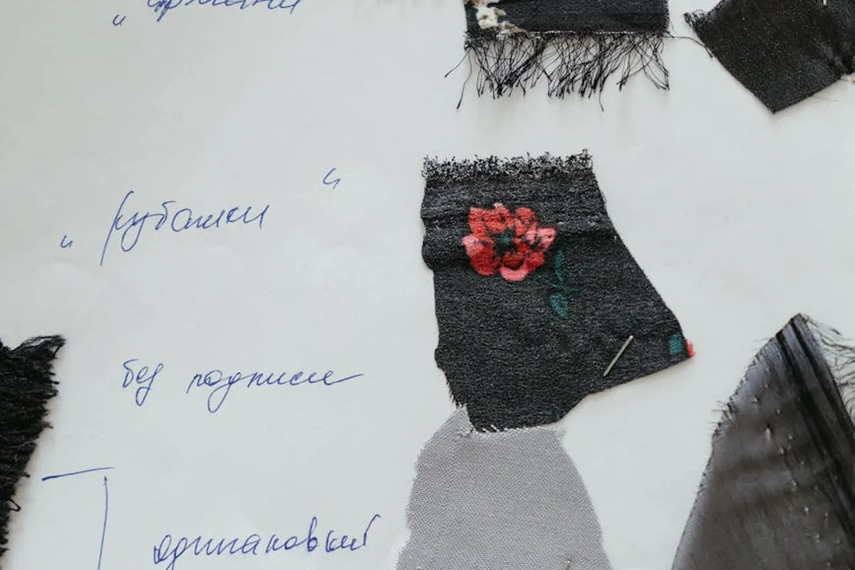 Close-up of fabric swatches and handwritten notes on a white background