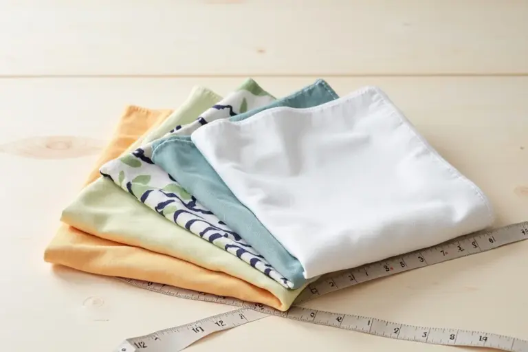 A stack of folded pastel-colored fabrics with a measuring tape on a light wooden surface.