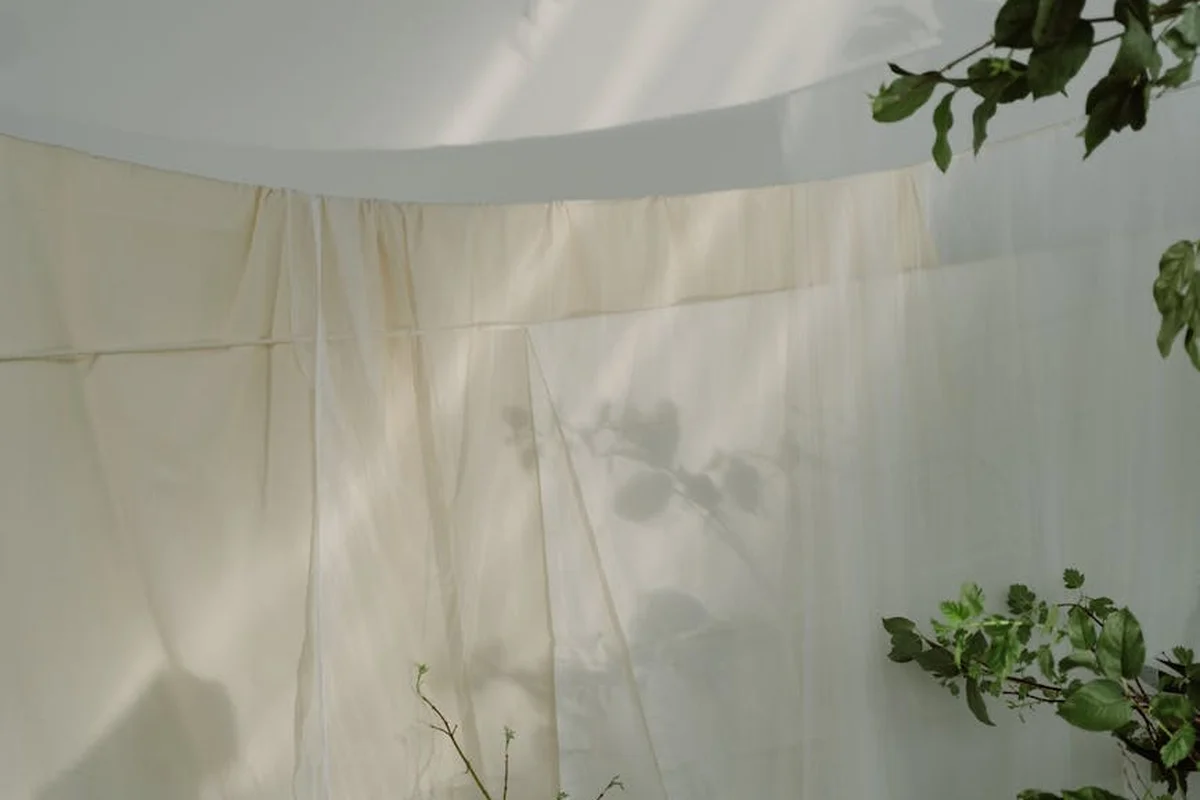 A pale cream curtain or fabric draped outdoors with sunlight, framed by green leaves.
