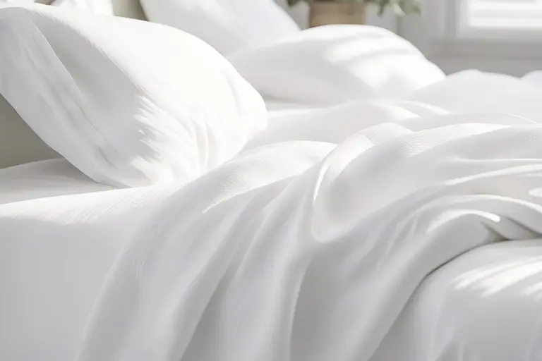 Close-up of smooth white linen sheets with soft folds on a bed