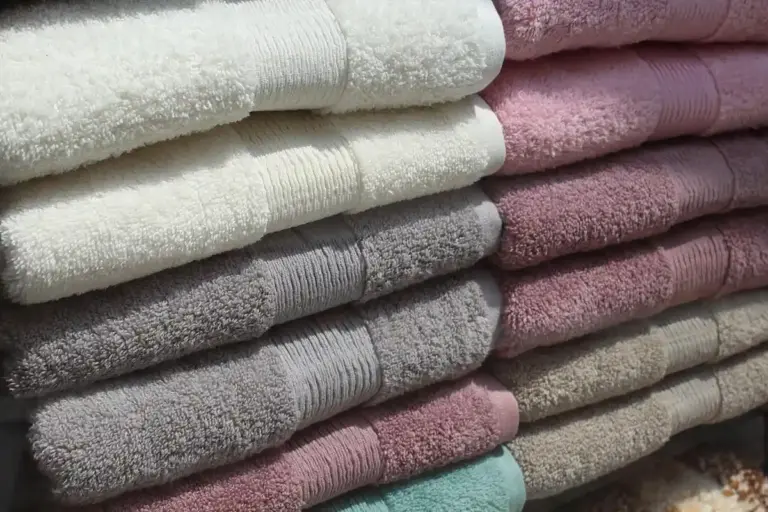 Stack of folded towels in neutral and pastel colors (cream, white, gray, pink, lavender, teal) arranged in neat rows.