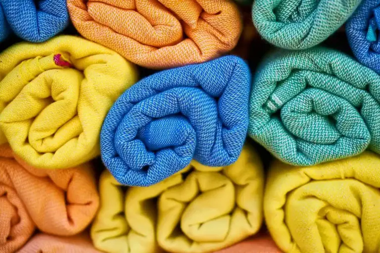 Close-up of rolled, brightly colored fabric swatches in yellow, blue, orange, and green.