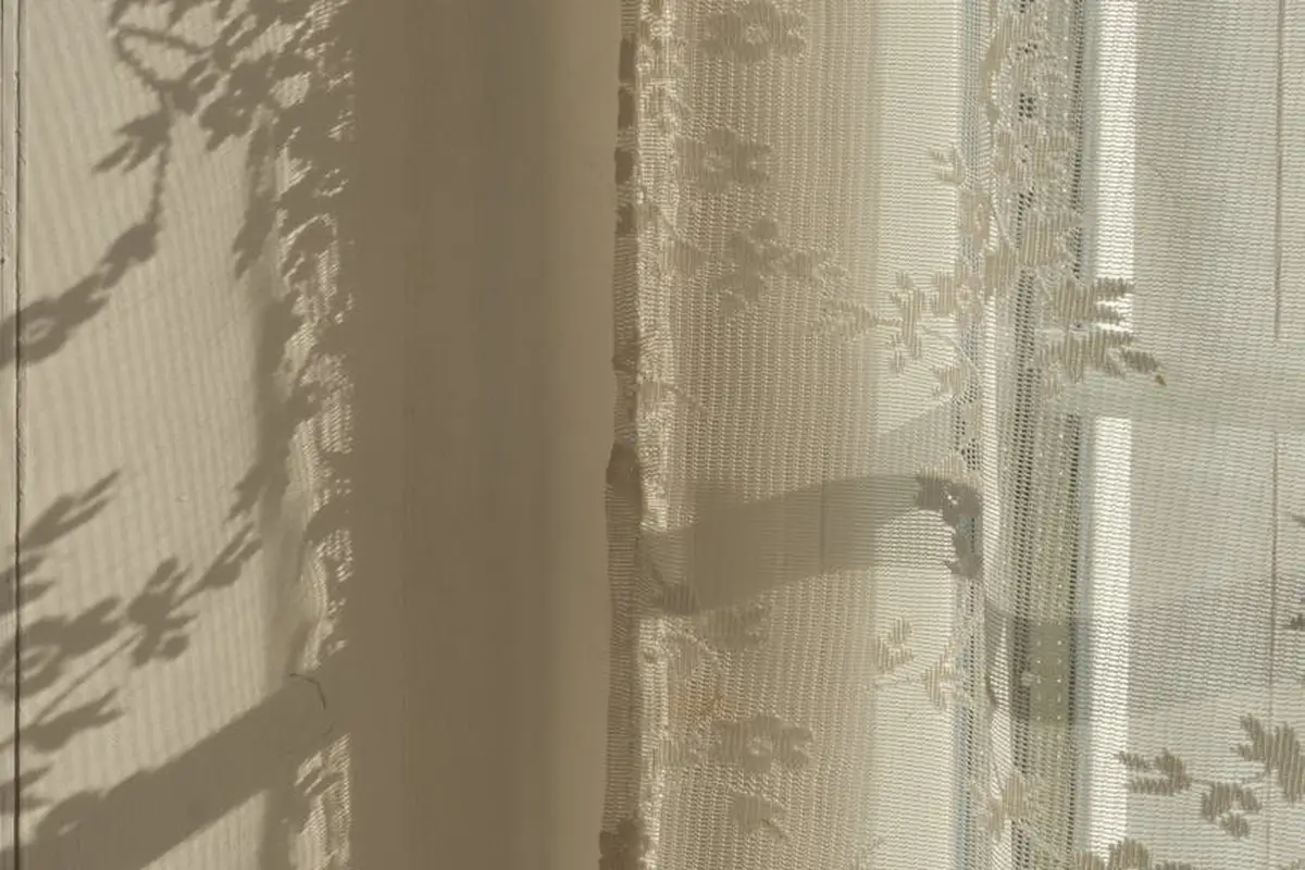 Sunlight filters through a delicate sheer lace curtain, casting soft shadows on the fabric and illustrating lightness and airiness.