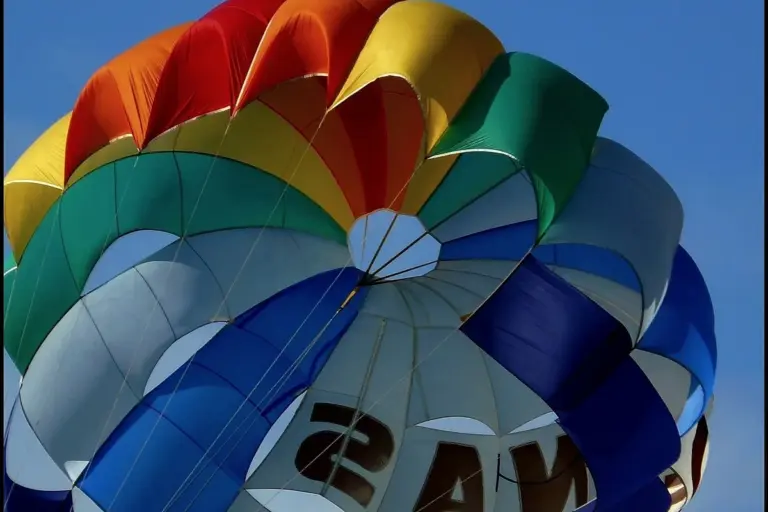 Close-up of a multicolor parachute against a clear blue sky, illustrating vibrant fabric dyes in textiles.