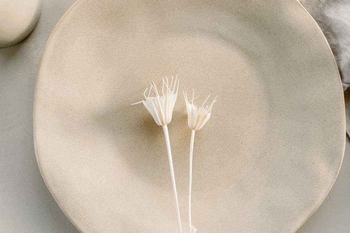 Minimal still-life photo of a light beige plate with two dried white flowers laid across its surface.