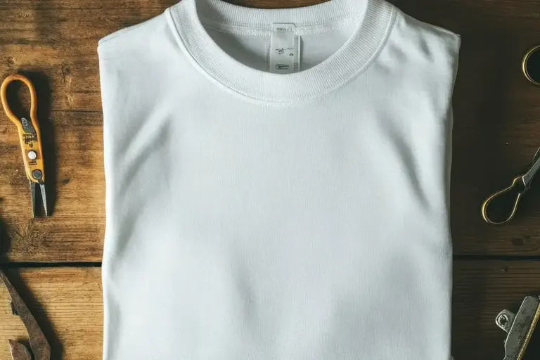 Folded white shirt on a wooden work surface with sewing tools nearby, illustrating a setup for comparing shirt weaves.