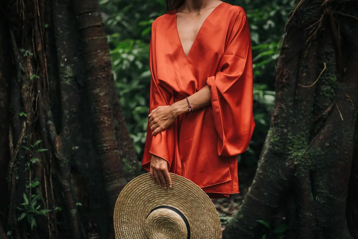 A person wearing a bright orange silk-like blouse with wide sleeves stands in a forest, holding a straw hat.