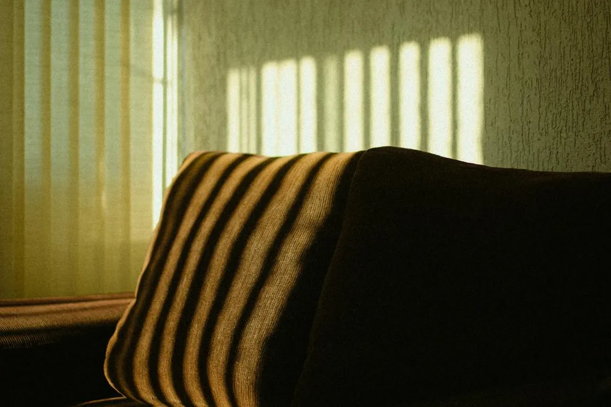 Sunlight streams through blinds and casts vertical stripes across a striped cushion on a sofa.