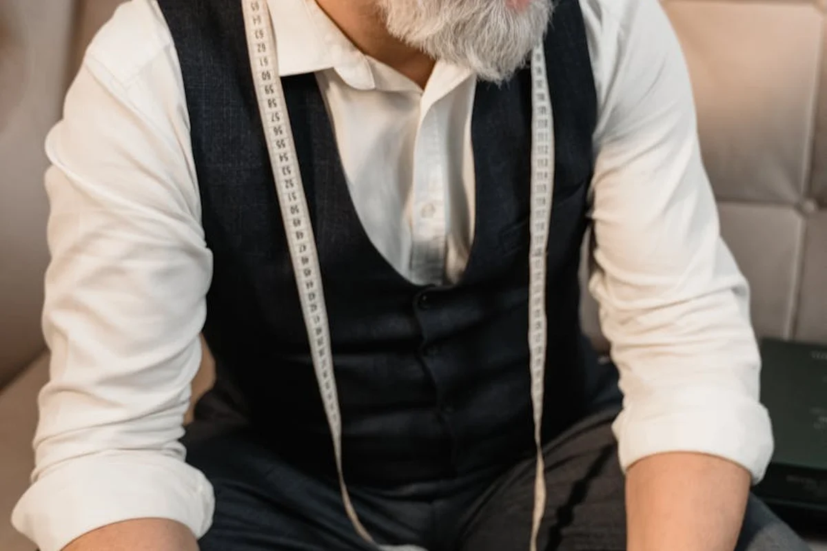 Tailor in a white shirt and dark vest with a measuring tape draped around his neck, preparing fabric choices.