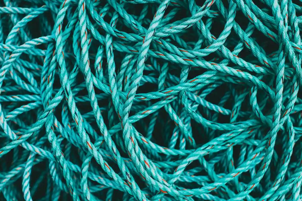 Close-up of tangled teal nylon rope