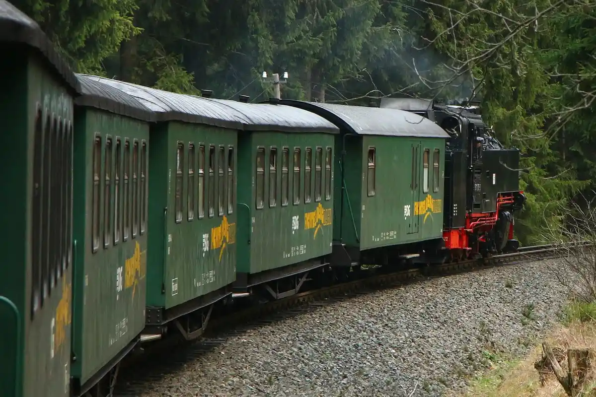 Steam locomotive pulling green passenger cars along a forested railroad track