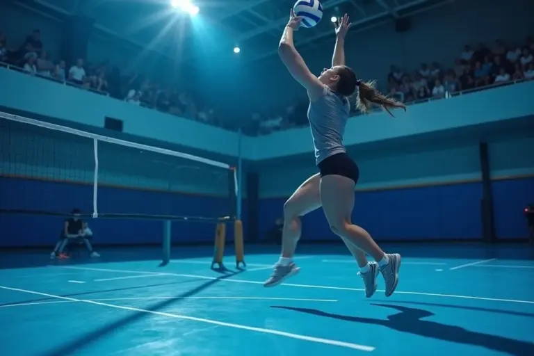 A female volleyball player leaps to spike the ball at the net on an indoor blue court, with spectators in the stands.